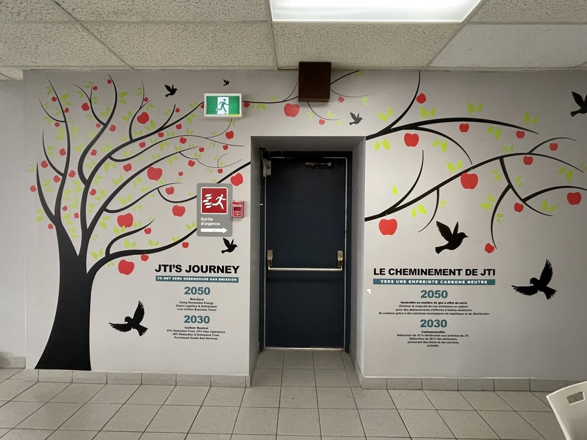 JTI Montreal sustainability wall, bilingual net-zero installation