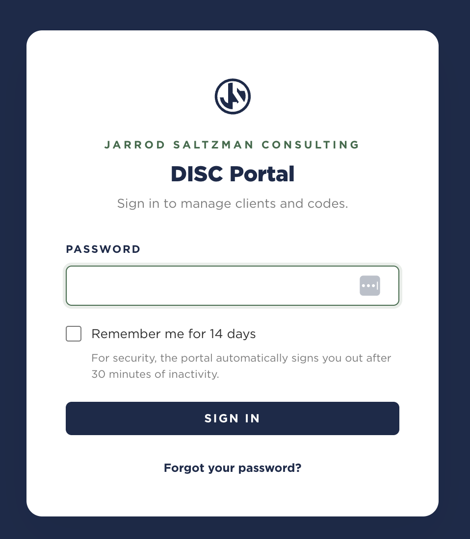 Custom DISC portal sign-in screen for managing clients and assessment codes