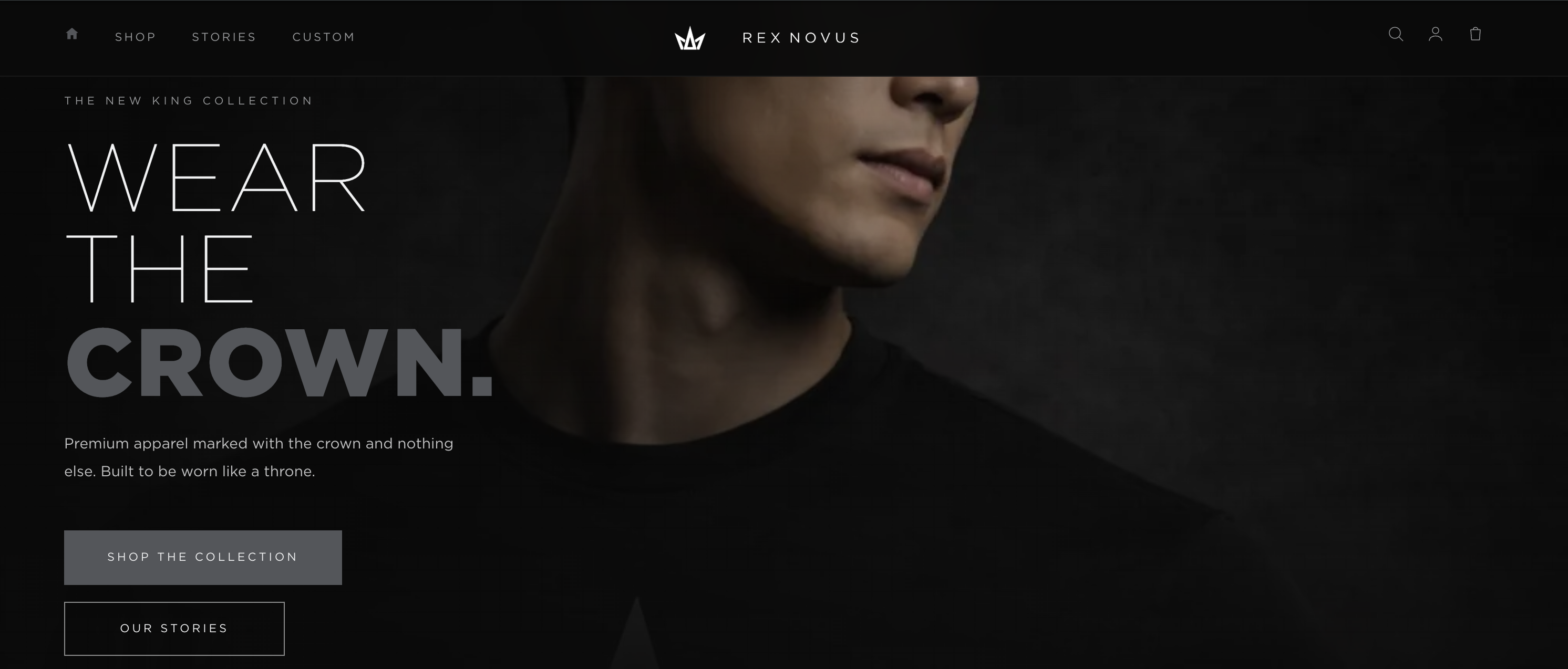 Rex Novus website showing the Wear the Crown apparel collection