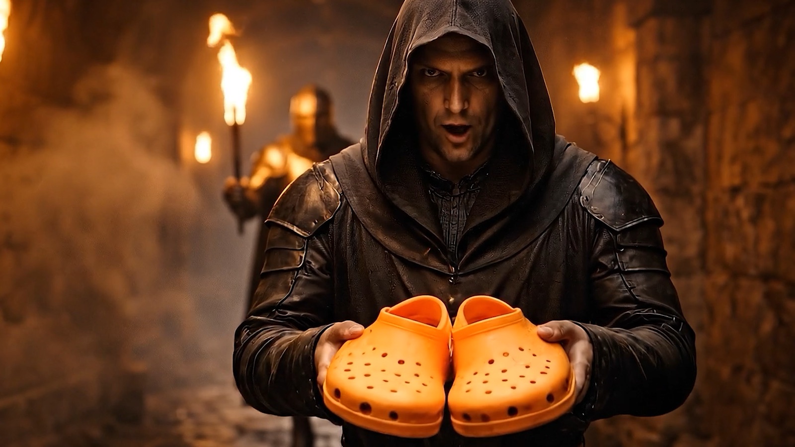 Knight in Crocs, a personal AI concept with a medieval character holding orange footwear